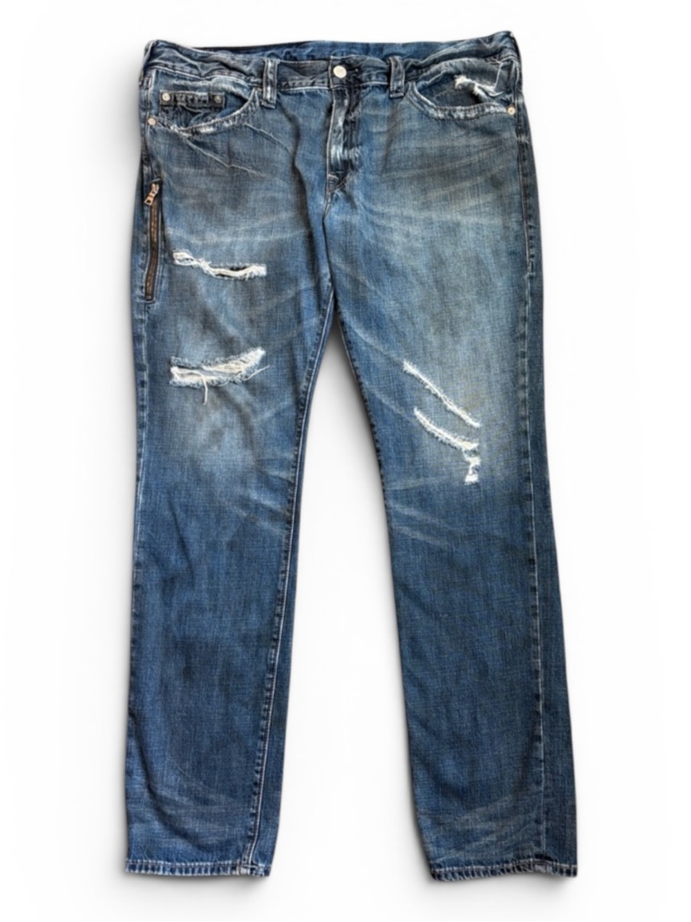 True Religion Rocco Relaxed Skinny Jeans Men's 42x34 Distressed Medium Blue READ